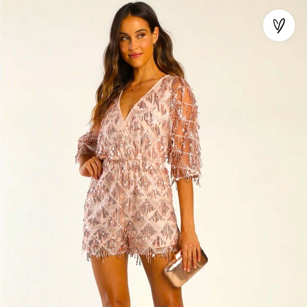 Lulus “Sweet Sparkles” Rose Gold Sequin Fringe Embroidered Romper- NWT